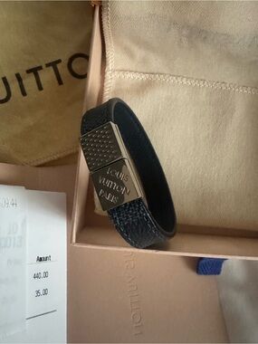 Louis Vuitton Black Textured Leather Bracelet with Polished Silver Clasp